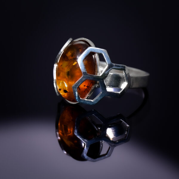 The Beekeeper Amber Honeycomb Ring - Argentium Silver, Baltic Amber