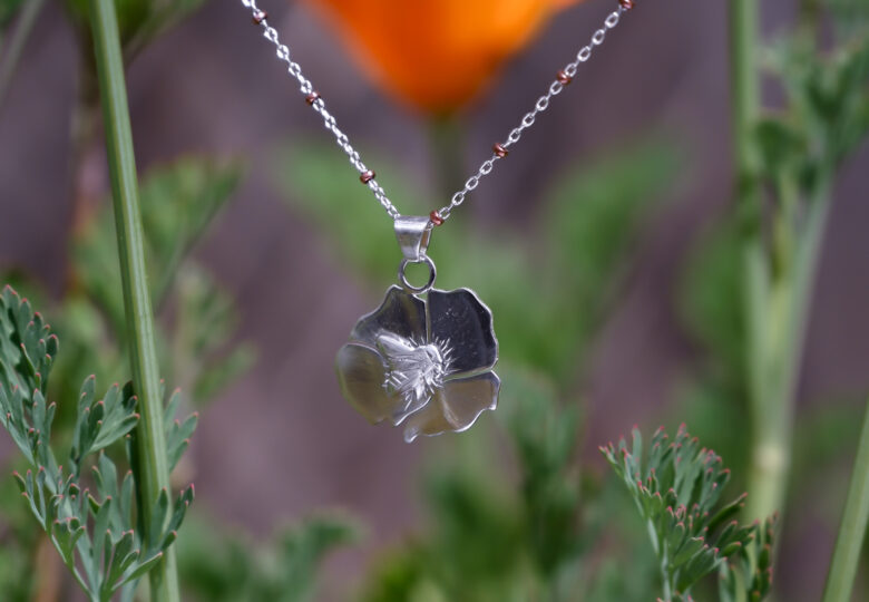 Full Bloom Poppy and Bee Pendant in Argentium Silver by Joy Garden Jewelry