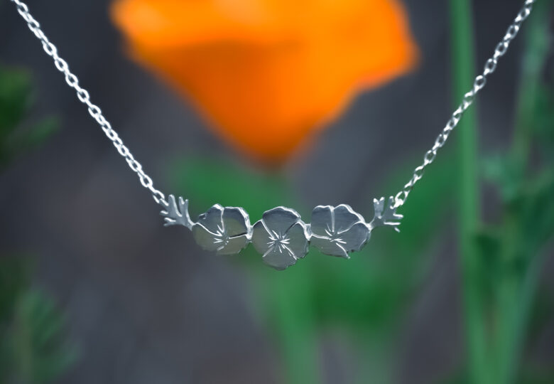 California Poppy Triplet Necklace in Argentium Silver by Joy Garden Jewelry